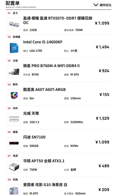 白色主机 装机单 · i5-14600KF + RTX 5070