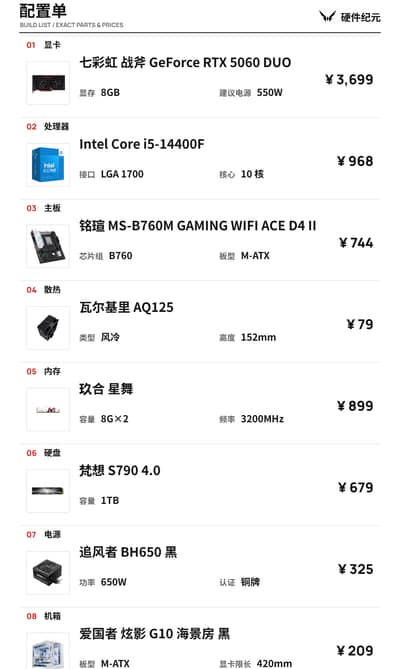 7000 预算 2K 游戏配置 i5-14400F + RTX 5060