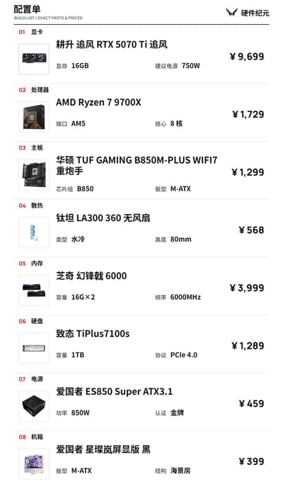 1.8 万 4K 游戏配置 R7 9700X + RTX 5070 Ti