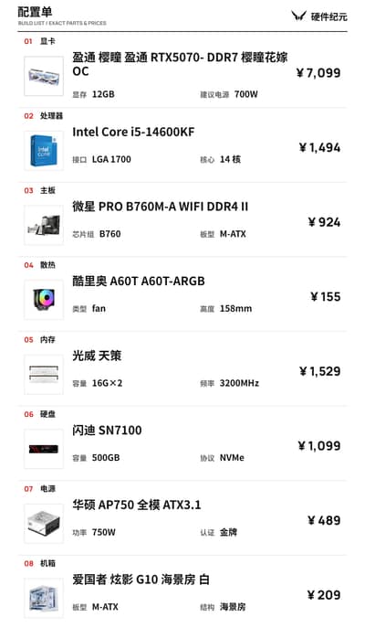 白色主机 装机单 · i5-14600KF + RTX 5070