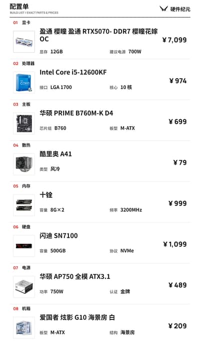 i5-12600KF 搭配 RTX 5070 装机单